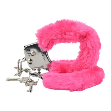 a pink furry handcuffs with keys attached to it